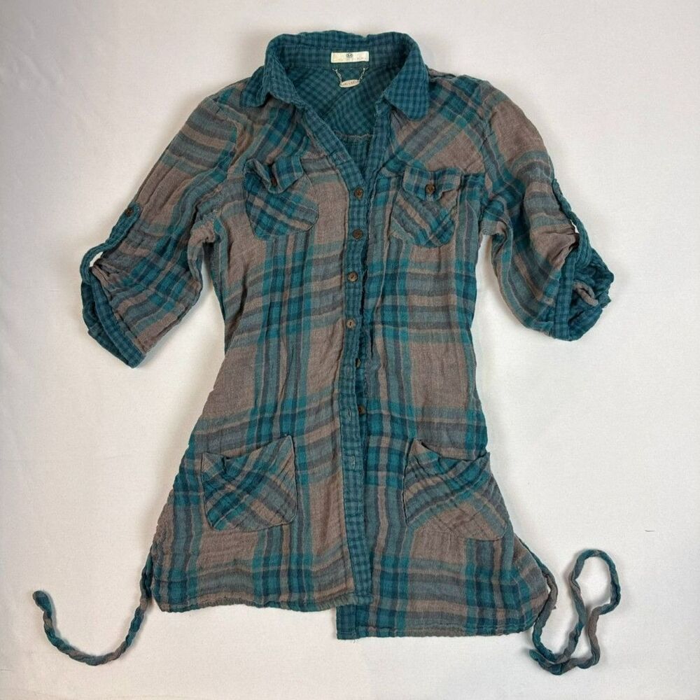 Y2K Ali & Kris Blue Plaid 100% Cotton 3/4 Roll Tab Sleeves - M